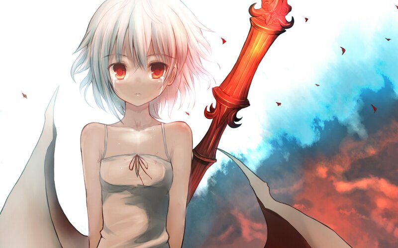 Anime Girl with Sword — White, Dramatic, Digital Art, Tears
