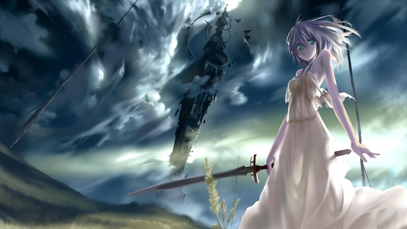 Anime Girl with Sword — White, Dramatic, Digital Art, Tower, Storm