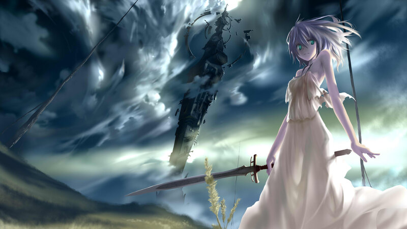 Anime Girl with Sword — White, Dramatic, Digital Art, Tower