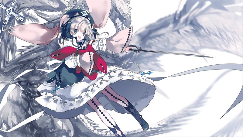 Anime Girl with Sword — White, Dramatic, Digital Art, Wings, Doll