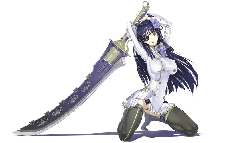 Anime Girl with Sword — White, Dramatic, Eyepatch, Long Hair, Purple