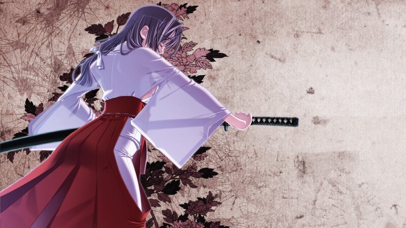 Anime Girl with Sword — White, Dramatic, Kimono, Flowers