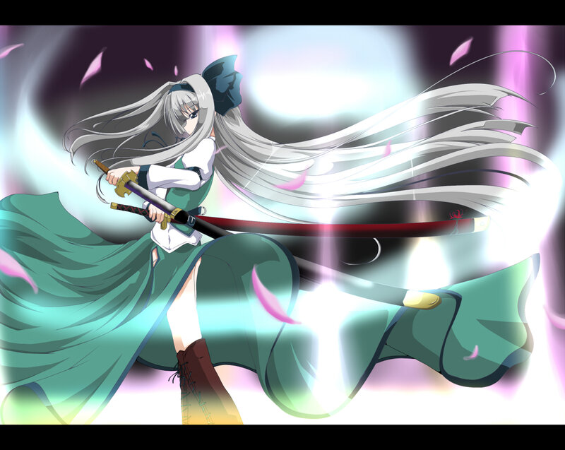 Anime Girl with Sword — White, Dramatic, Long Hair, Green Dress