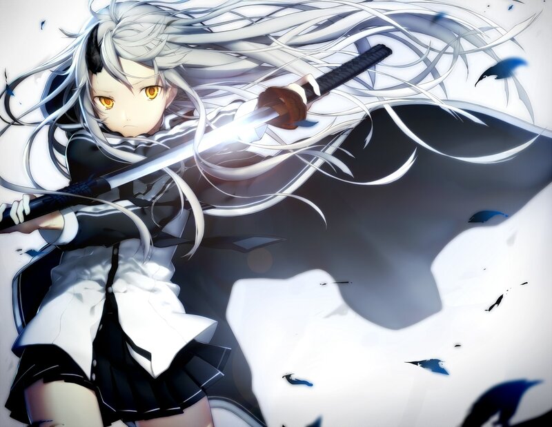 Anime Girl with Sword — White, Dramatic, Long Hair, Skirt, Black