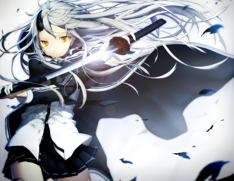 Anime Girl with Sword — White, Dramatic, Long Hair, Skirt