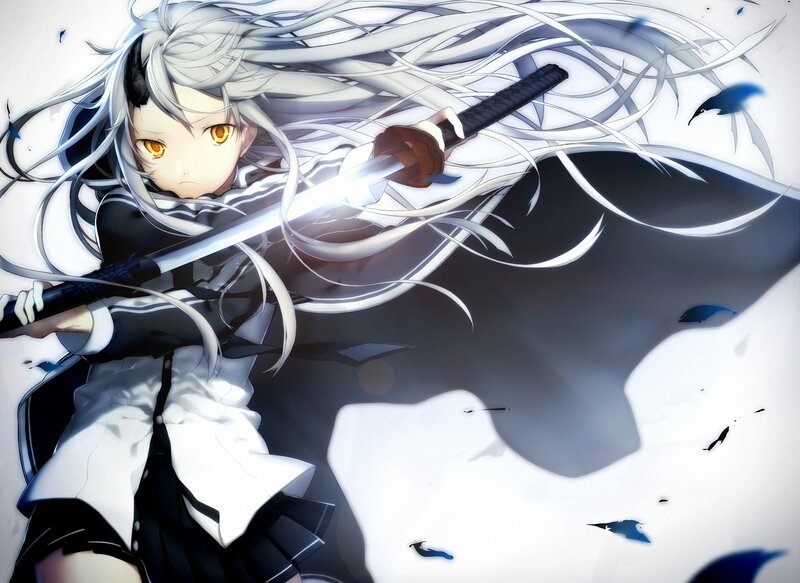 Anime Girl with Sword — White, Dramatic, Long Hair, Yellow Eyes