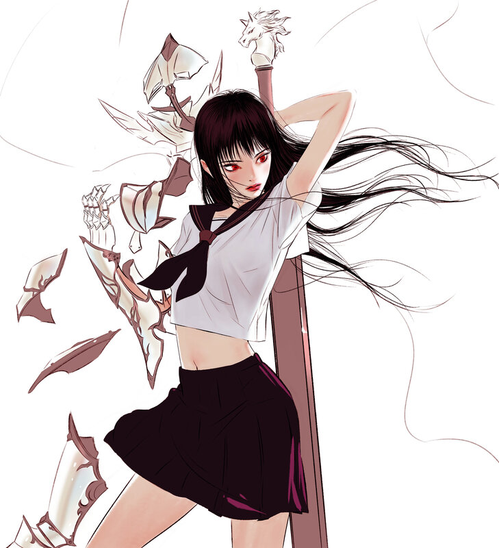 Anime Girl with Sword — White, Dramatic, Manga, School Uniform, Red Eyes