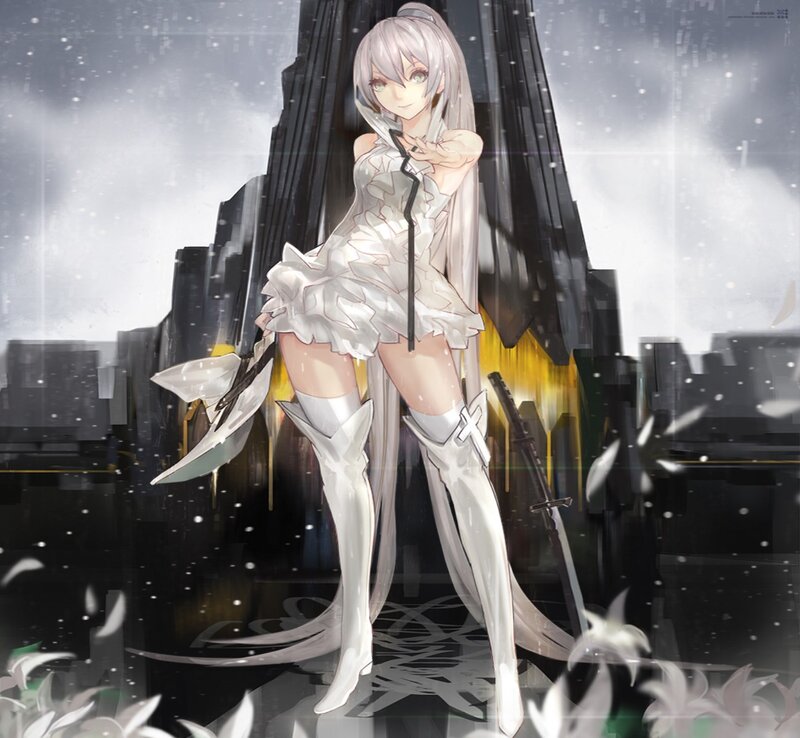 Anime Girl with Sword — White, Dramatic, Night, Digital Art, Cityscape