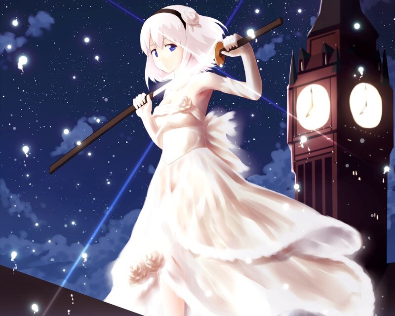 Anime Girl with Sword — White, Dramatic, Night, Digital Art, Clock Tower