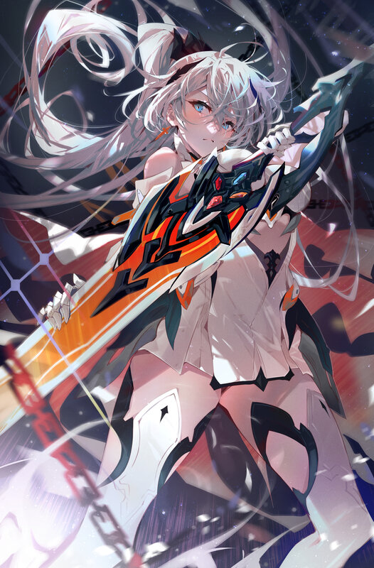 Anime Girl with Sword — White, Dramatic, Night, Digital Art, Long Hair, Mecha Armor