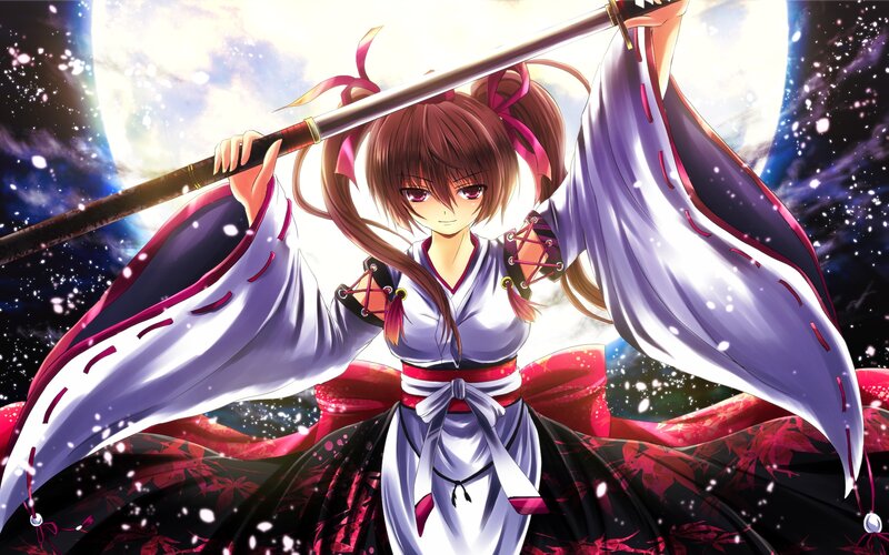 Anime Girl with Sword — White, Dramatic, Night, Digital Art, Moon