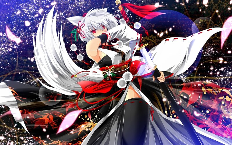 Anime Girl with Sword — White, Dramatic, Night, Fox Ears