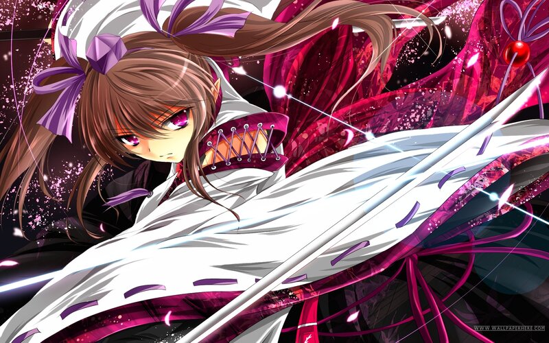 Anime Girl with Sword — White, Dramatic, Purple Ribbons