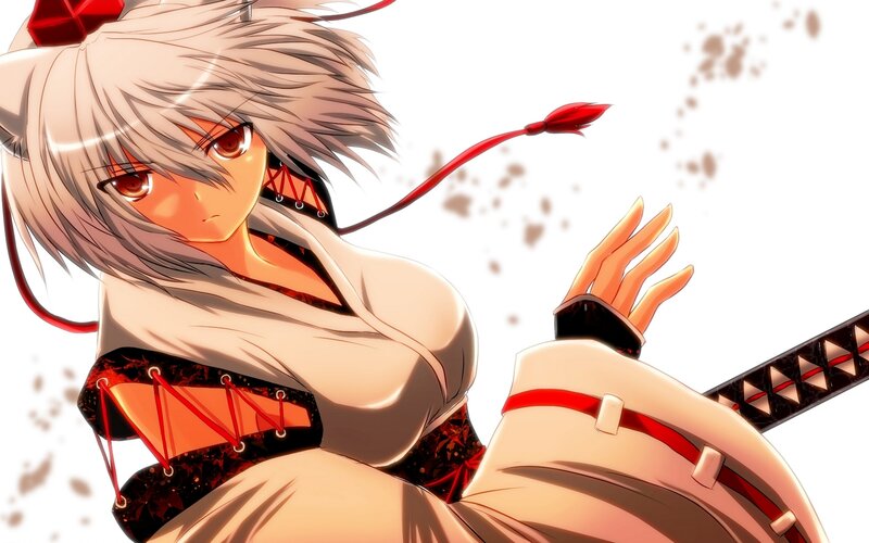 Anime Girl with Sword — White, Dramatic, Red Ribbon