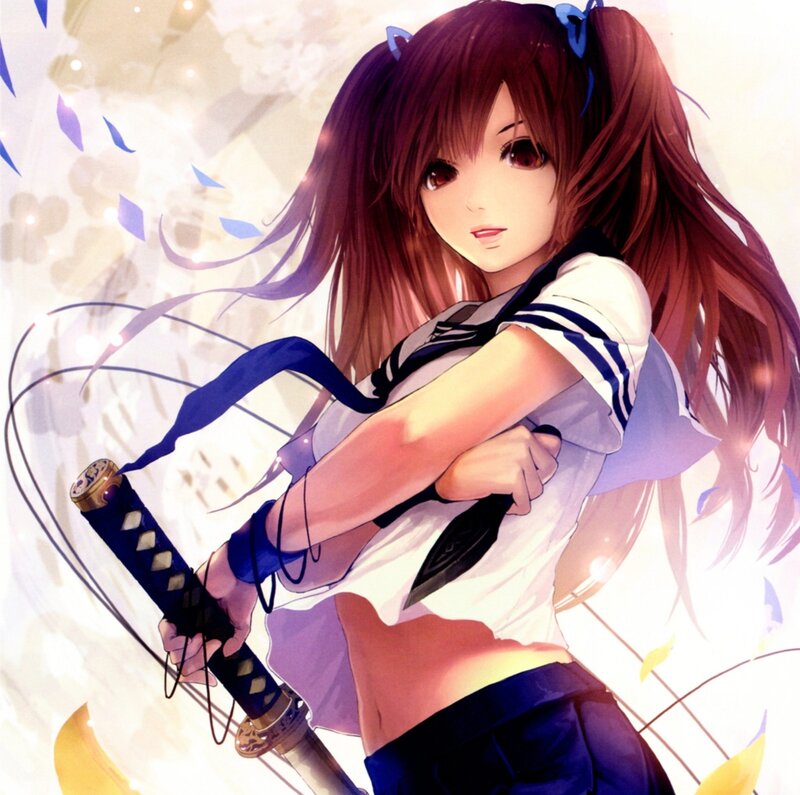 Anime Girl with Sword — White, Dramatic, School Uniform, Pigtails