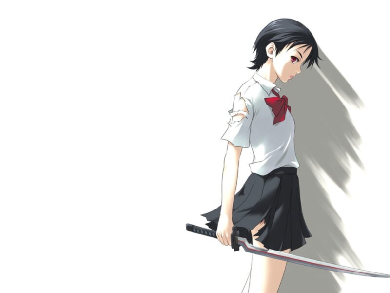 Anime Girl with Sword — White, Dramatic, School Uniform, Red Bow
