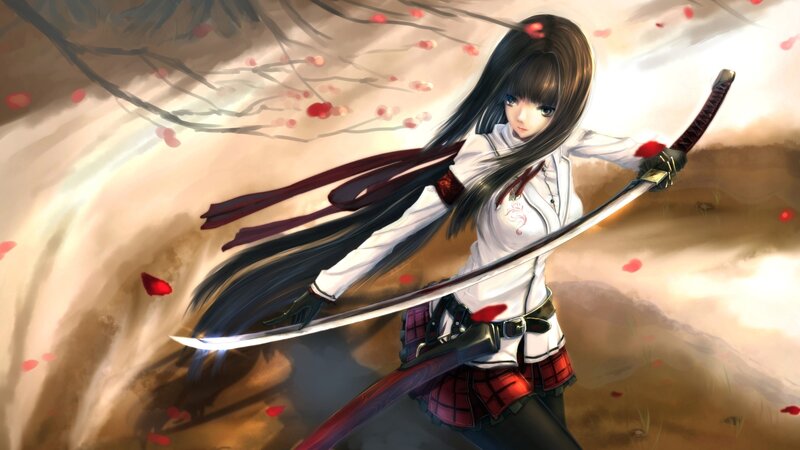 Anime Girl with Sword — White, Dramatic, Spring, Digital Art, Petals
