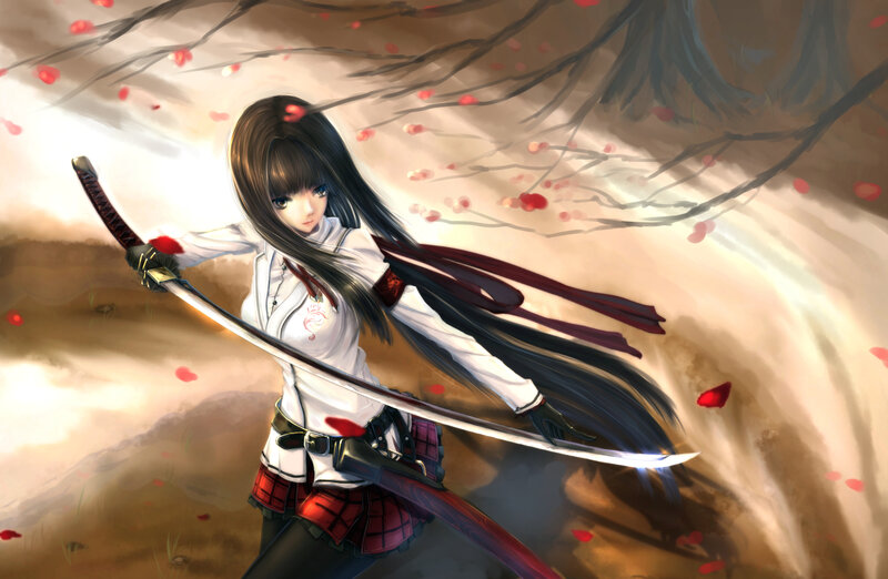 Anime Girl with Sword — White, Dramatic, Spring, Digital Art