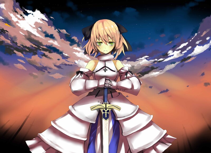 Anime Girl with Sword — White, Dramatic, Sunset, Armor