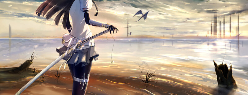 Anime Girl with Sword — White, Dramatic, Sunset, Digital Art, Dragon