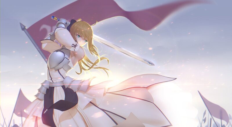 Anime Girl with Sword — White, Dramatic, Sunset, Digital Art, Flag, Armor