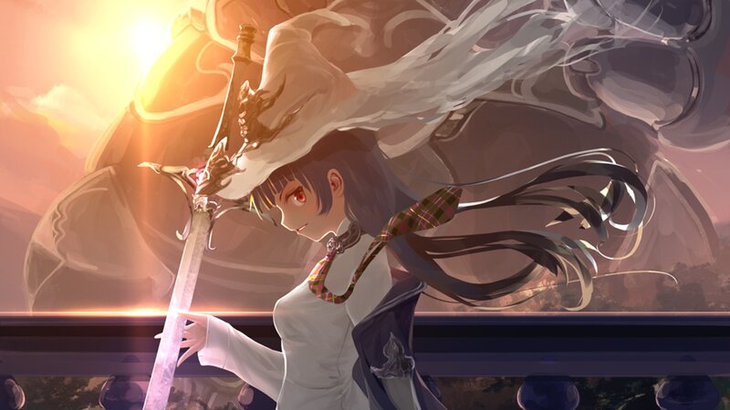 Anime Girl with Sword — White, Dramatic, Sunset, Digital Art, Hat