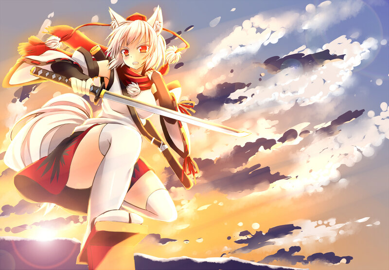 Anime Girl with Sword — White, Dramatic, Sunset, Digital Art