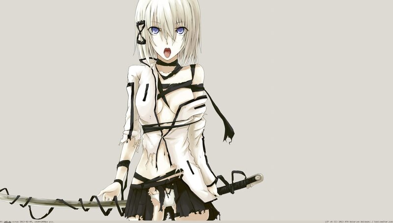 Anime Girl with Sword — White, Dramatic, White Hair, Black Ribbons, Black