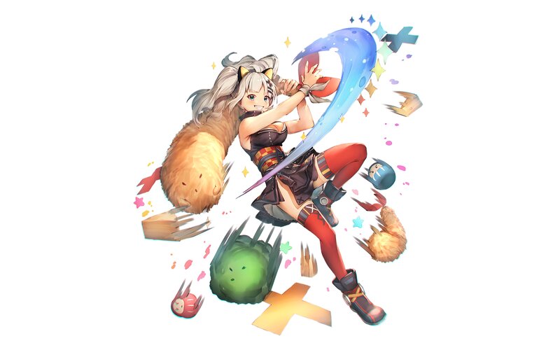 Anime Girl with Sword — White, Dynamic, Digital Art, Cat Ears, Tail