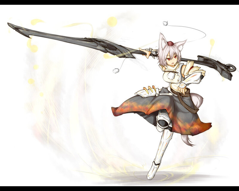 Anime Girl with Sword — White, Dynamic, Digital Art, Cat Ears