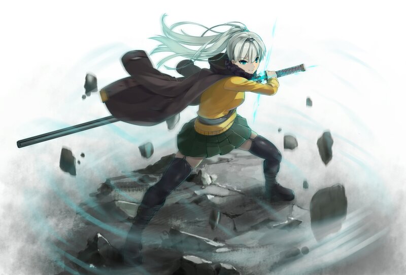 Anime Girl with Sword — White, Dynamic, Digital Art, Cloak