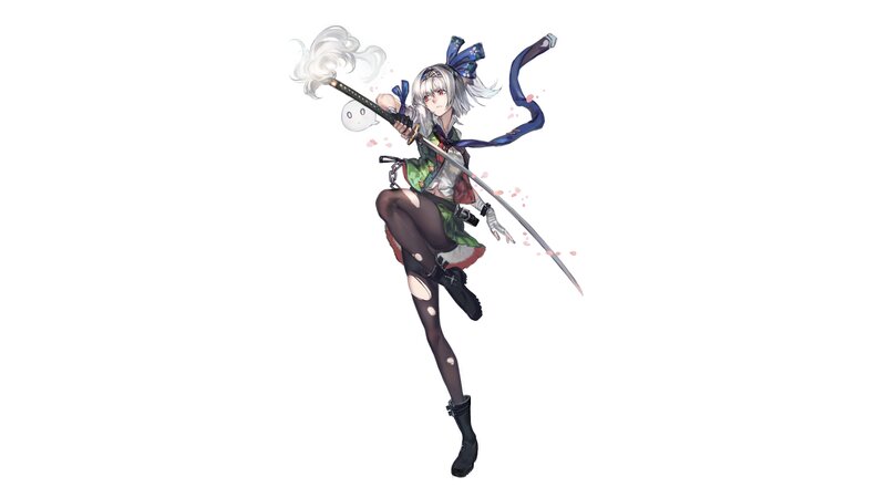 Anime Girl with Sword — White, Dynamic, Digital Art, Ghost, Ribbon