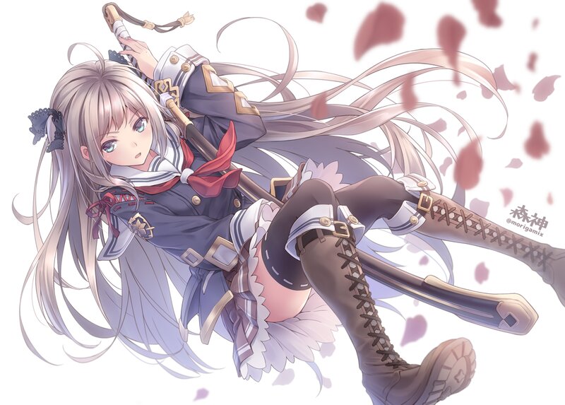 Anime Girl with Sword — White, Dynamic, Digital Art, Long Hair, Boots