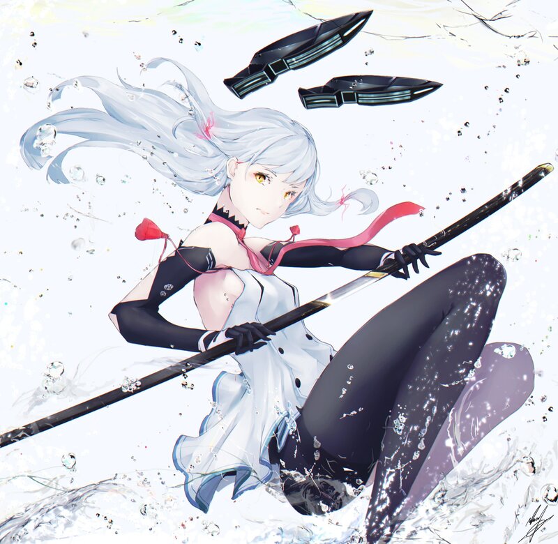 Anime Girl with Sword — White, Dynamic, Digital Art, Water