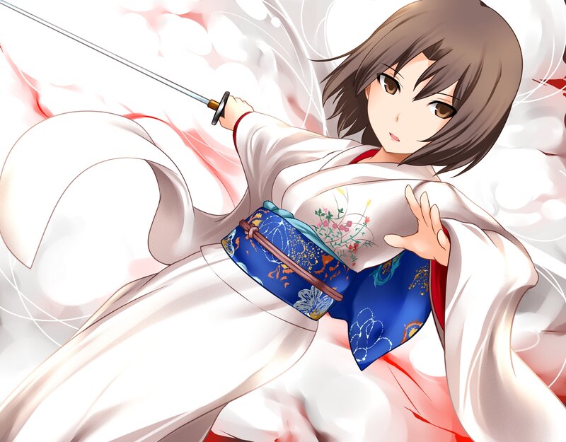 Anime Girl with Sword — White, Dynamic, Kimono