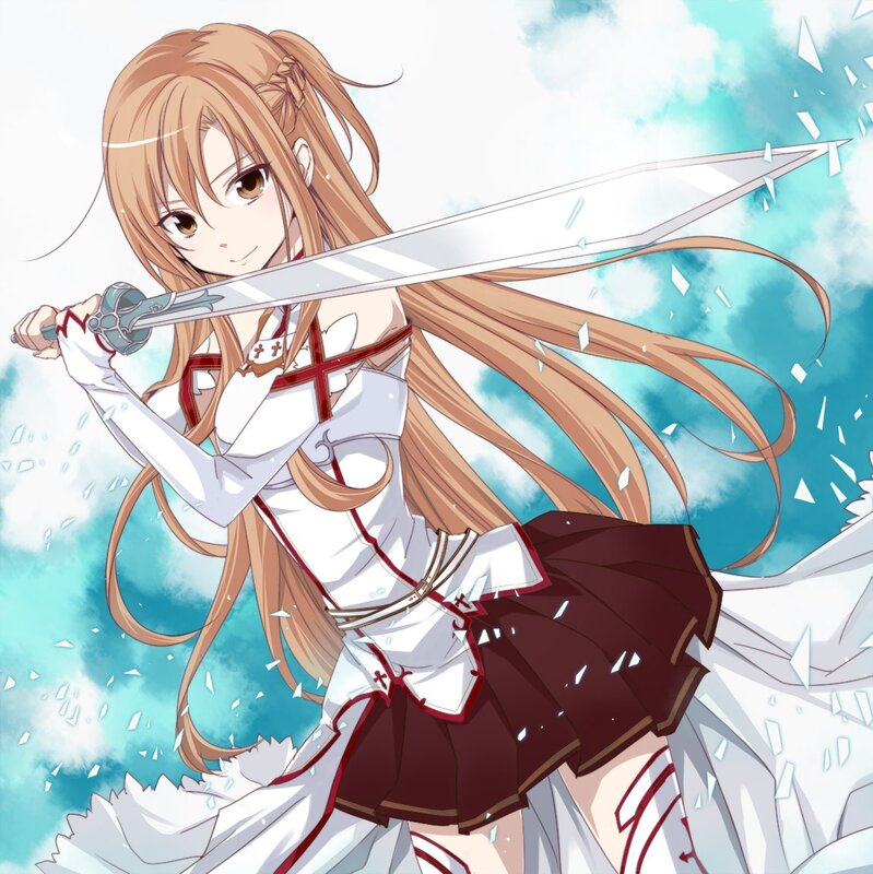 Anime Girl with Sword — White, Dynamic, Skirt, Long Hair, Brown