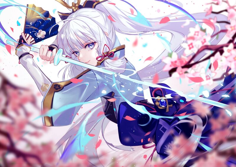 Anime Girl with Sword — White, Dynamic, Spring, Cherry Blossoms