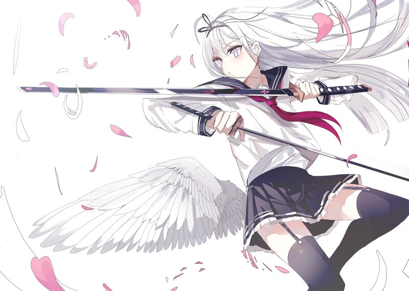 Anime Girl with Sword — White, Dynamic, Wings