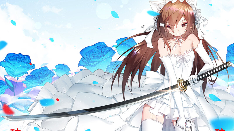 Anime Girl with Sword — White, Serene, Digital Art, Blue Roses