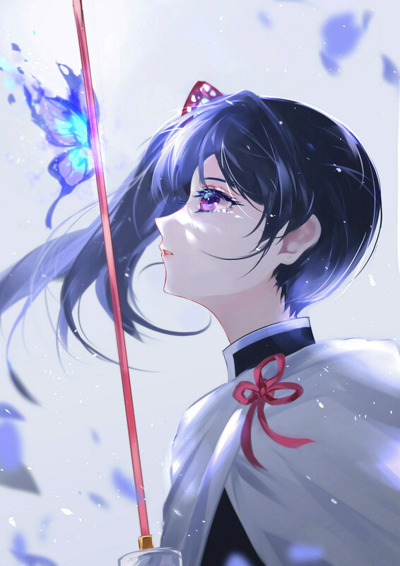 Anime Girl with Sword — White, Serene, Digital Art, Butterfly
