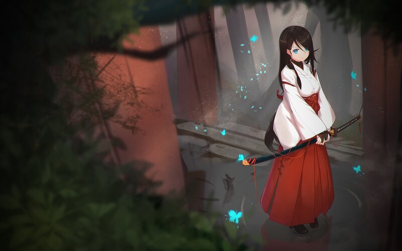 Anime Girl with Sword — White, Serene, Night, Digital Art, Butterflies