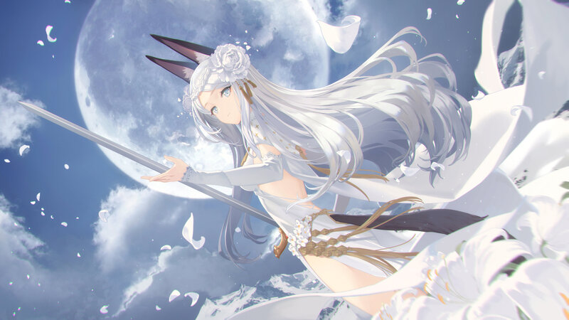 Anime Girl with Sword — White, Serene, Night, Digital Art, Moon