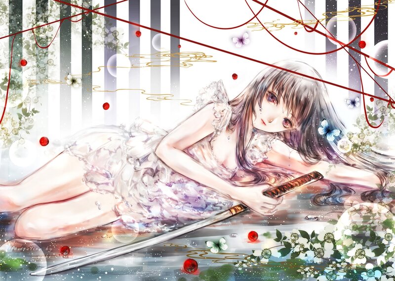 Anime Girl with Sword — White, Serene, Spring, Digital Art, Butterflies