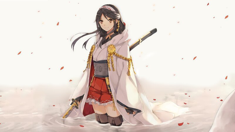Anime Girl with Sword — White, Serene, Spring, Digital Art, Petals