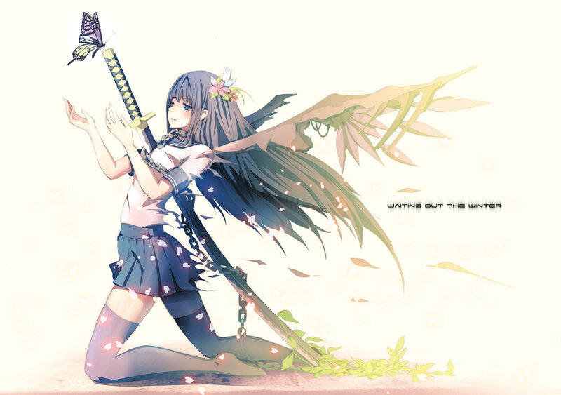Anime Girl with Sword — White, Serene, Spring, Digital Art