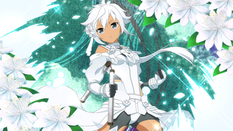 Anime Girl with Sword — White, Serene, Spring, Flowers