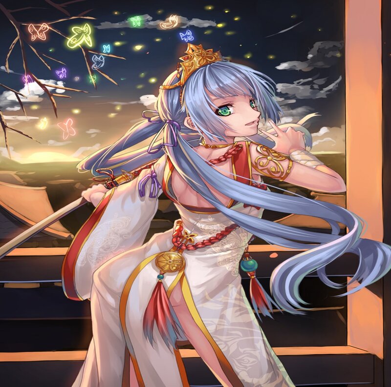 Anime Girl with Sword — White, Serene, Sunset