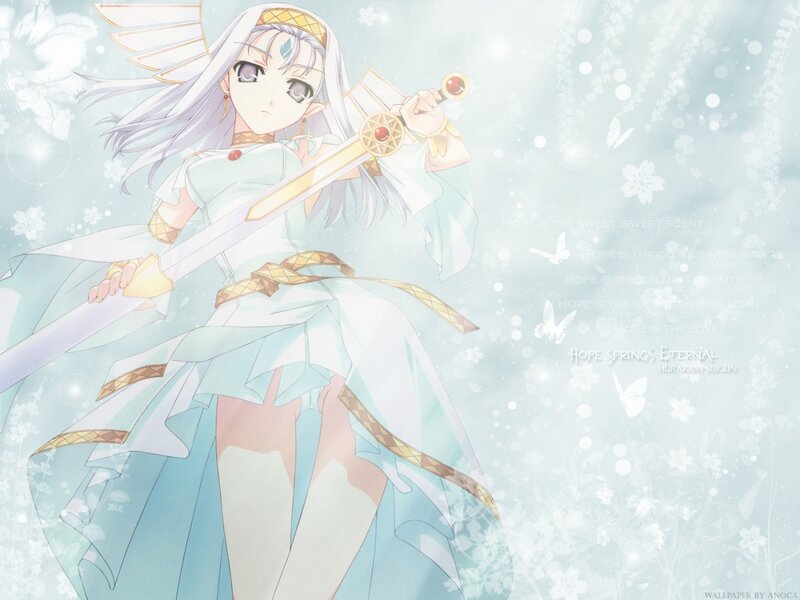 Anime Girl with Sword — White, Serene, Wings