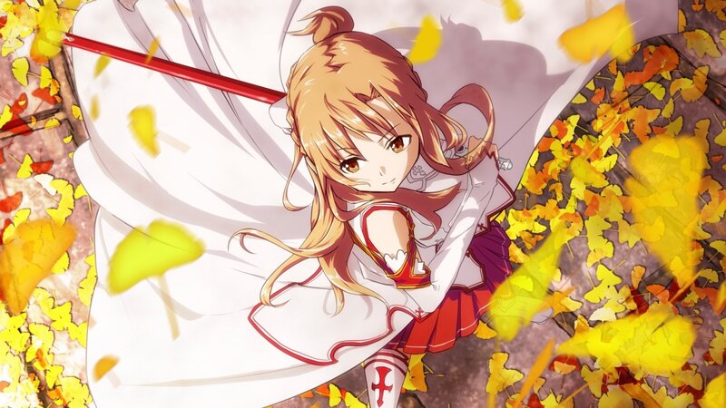 Anime Girl with Sword — Yellow, Dramatic, Autumn, Fallen Leaves