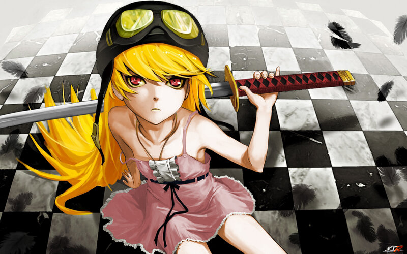 Anime Girl with Sword — Yellow, Dramatic, Digital Art, Goggles, Feathers, Black, White, Ntr